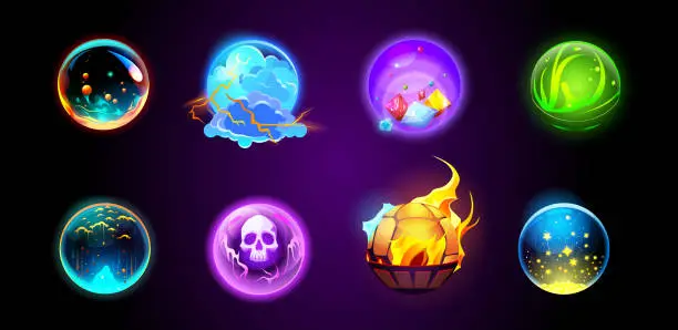 Vector illustration of Cartoon set of magic fortune telling crystal balls