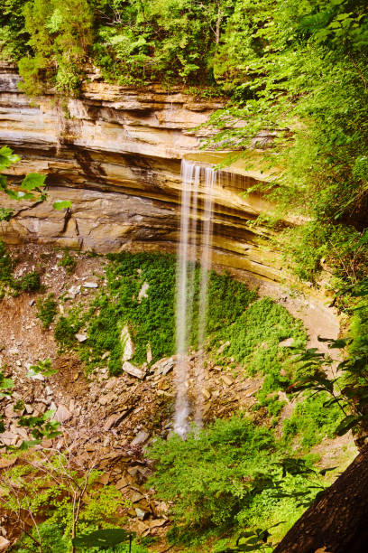 istock Vertical of waterfall stream into rocks from curve of cliffs 1491324016