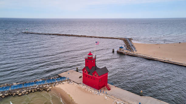 istock View of red lighthouse overlooking great lake 1491324156