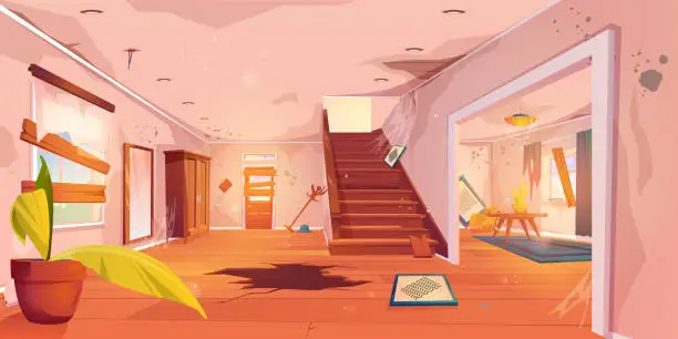 Vector illustration of Abandoned cartoon house hallway, messy living room