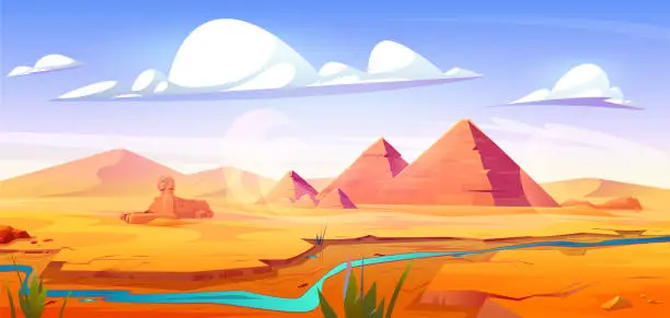 Vector illustration of Drought in Egyptian desert with ancient pyramids