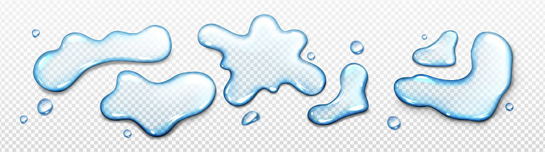 Realistic water spill top view vector transparent background. Wet surface with clean isolated splash droplet. Blue ripple set texture of fresh spilt drink. Pouring aqua clipart illustration.