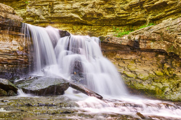 istock Waterfalls over rocky cliffs onto boulders and log 1491324729