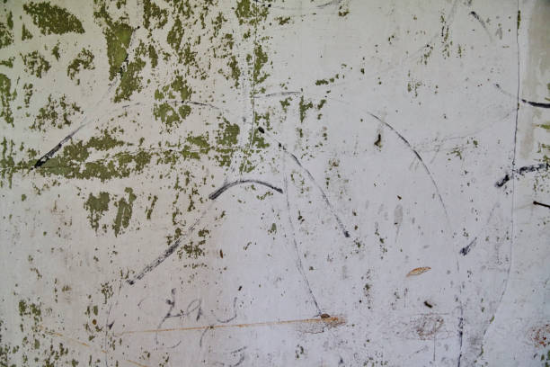 mur blanc avec des taches écaillées vertes et des graffitis sharpie noirs en arrière-plan - sharpie photos et images de collection