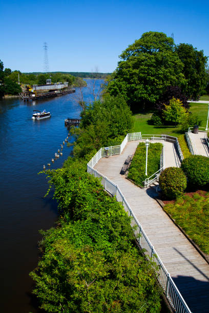 istock Wooden ramp going down between trees follows the blue river on a clear day 1491325854