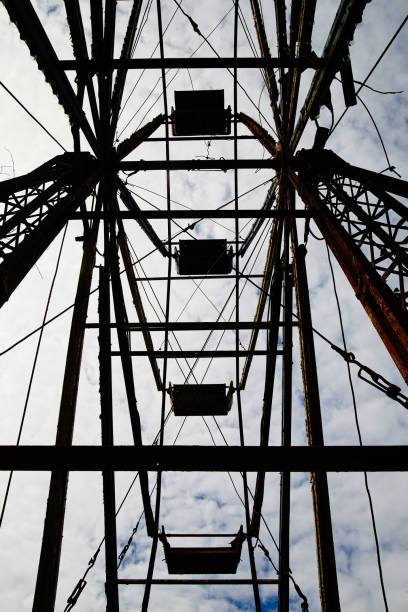 istock Worm's eye view of a ferris wheel from the inside at an abandoned theme park 1491325897