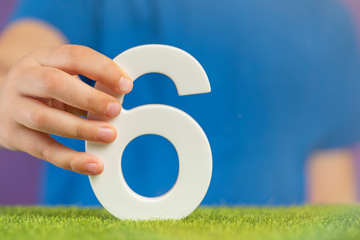 Number 6 in hand. A hand holds a white number six on green grass and a purple background, six percent per annum. Swedish Constitution Day. July 6th. High quality photo