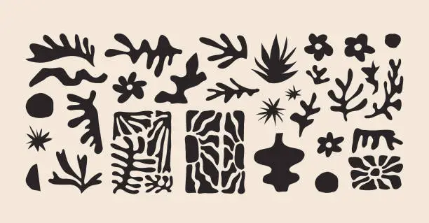 Vector illustration of Organic abstract shapes. Contemporary nature floral doodle for logos, patterns, posters, covers and postcards. Naive art. Botanic vector illustration in black color.