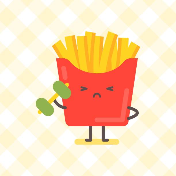 istock French fries character holding dumbbell. Funny character 1491332189