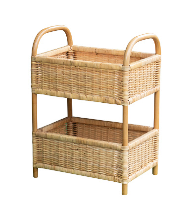 wooden shelf with rattan shelves isolated with clipping path included
