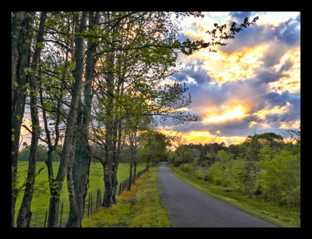 valla al atardecer - country road lane road dirt road fotografías e imágenes de stock