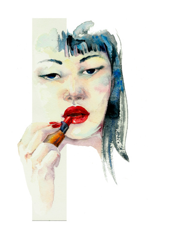 Abstract watercolor portrait of pretty asian girl with red lipstick