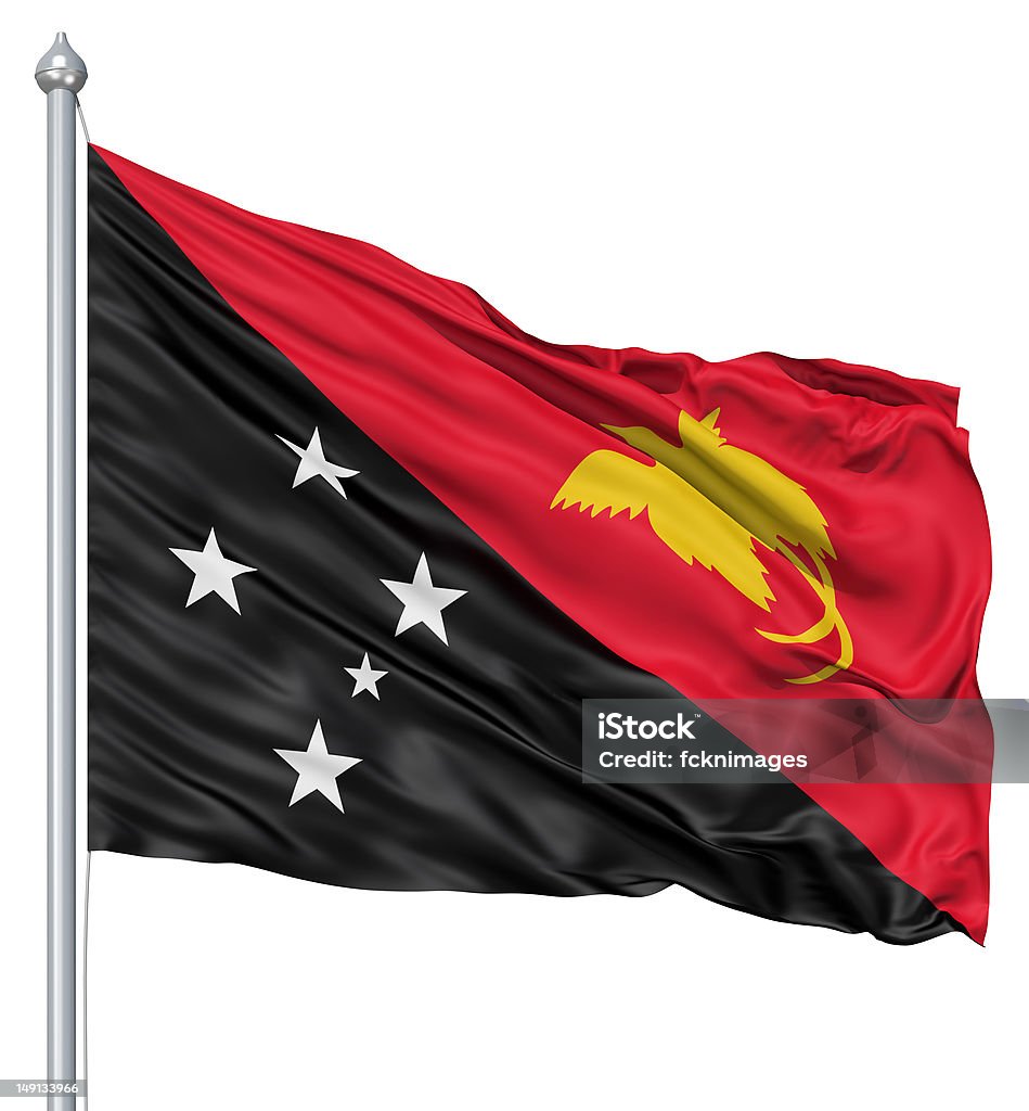 Waving flag of Papua New Guinea Flag of Papua New Guinea with flagpole waving in the wind against white background Cut Out Stock Photo