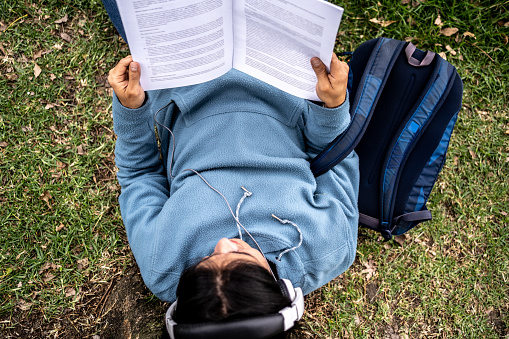 High angle view of a mid adult student studying on the public park