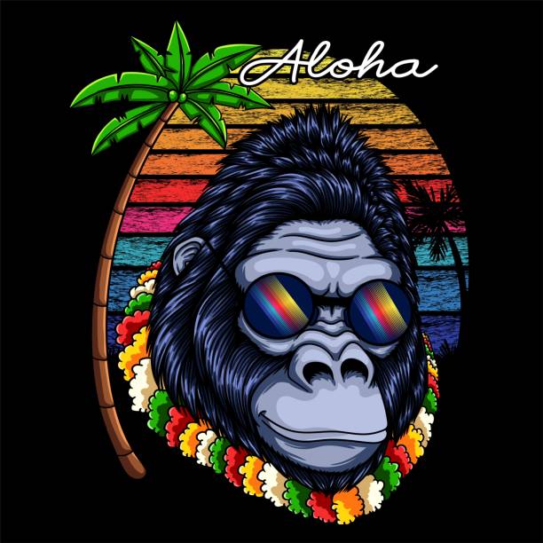 Gorilla aloha wearing flower necklace retro vector illustration Gorilla aloha wearing flower necklace retro vector illustration for your company or brand huge silverback gorilla stock illustrations