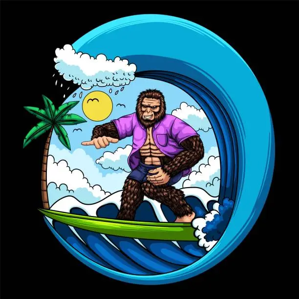 Vector illustration of Sasquatch surfing with waves vector illustration