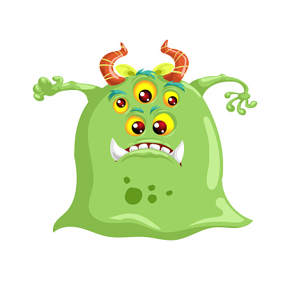 Cartoon green multy eyed cute monster. Best for monster party designs. Vector illustration.
