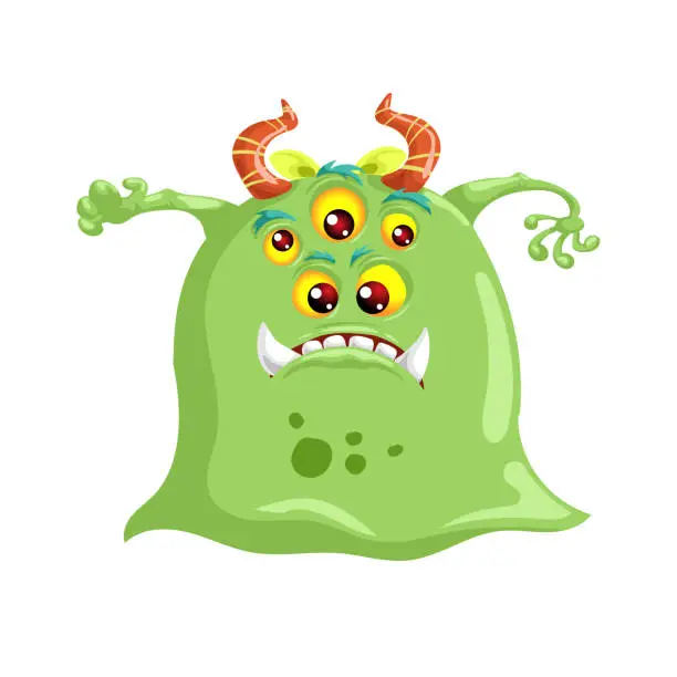 Vector illustration of Cartoon green multy eyed cute monster. Best for monster party designs. Vector illustration.