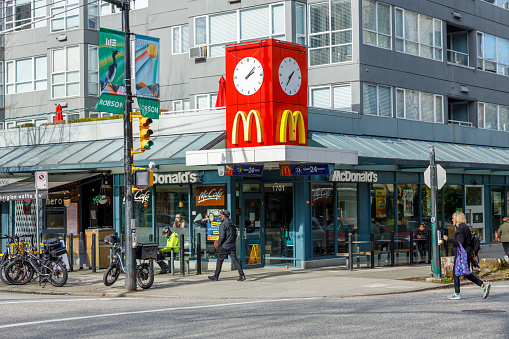 Vancouver, Canada - March 9,2023:View of McDonald's restaurant on Robson street