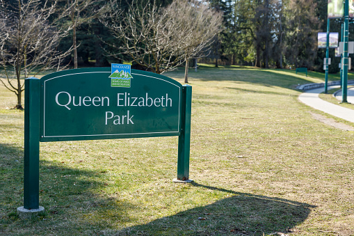 Vancouver, Canada - March 18, 2023: The photo displays a sign for Queen Elizabeth Park located in downtown Vancouver