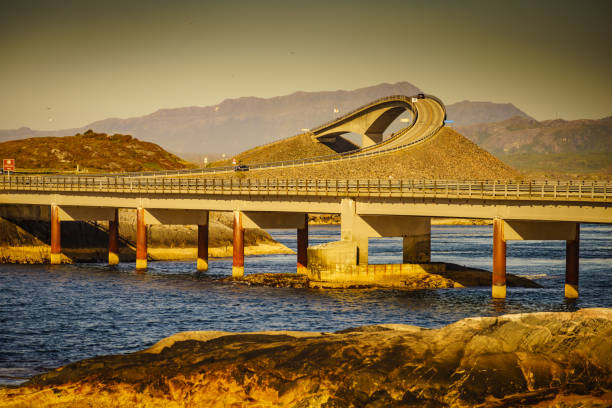 World famous Atlantic road bridge Atlanterhavsvegen in Norway Europe. Norwegian national scenic route. Tourist attraction.