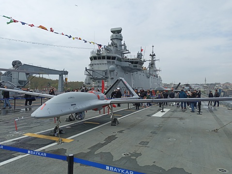 Istanbul, Türkiye – April 21, 2023: The amphibious assault ship TCG Anadolu (L-400), which can be configured as the V/STOL aircraft carrier of the Turkish Navy, was opened to the public at Sarayburnu Port.
