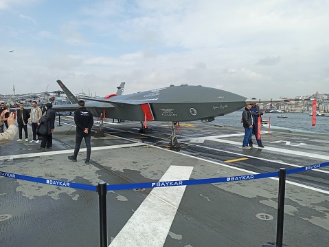 Istanbul, Türkiye – April 21, 2023: The amphibious assault ship TCG Anadolu (L-400), which can be configured as the V/STOL aircraft carrier of the Turkish Navy, was opened to the public at Sarayburnu Port.