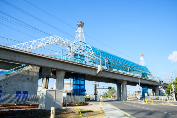 istock Low angle view of an elevated light rail station on a clear autumn mornig 1491350598
