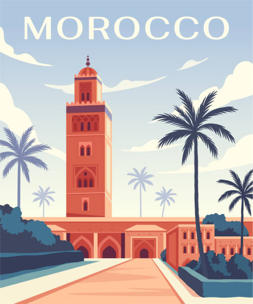 Morocco city poster. Palm trees and oriental architecture. Traditional houses and mosque. Muslim tower or monument with trees, skyline. Travel, tourism and attraction. Cartoon flat vector illustration