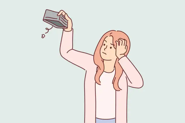 Vector illustration of Woman with empty wallet has become poor due to unemployment or economic recession and crisis