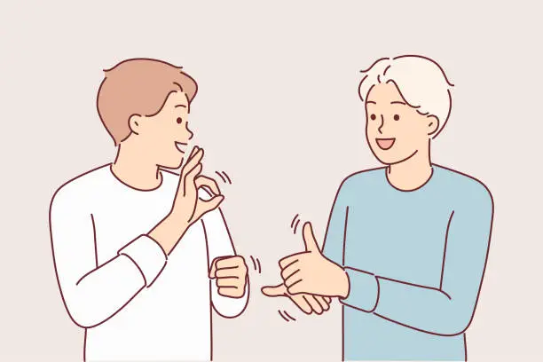 Vector illustration of Man teaches friend sign language to be able to communicate with people with hearing problems