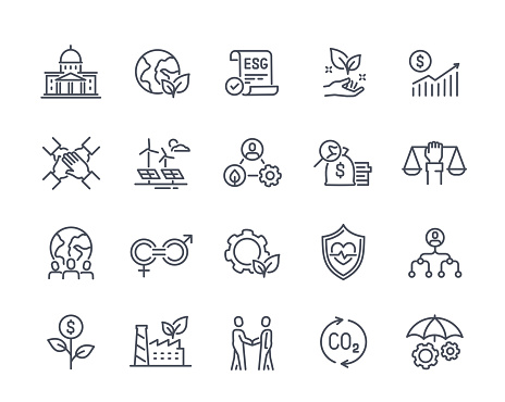 ESG line icons set. Environmental, social and corporate governance. Alternative energy sources and fair deals and negotiations. Line art flat vector illustrations isolated on white background