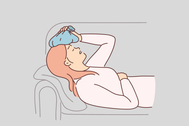 kobieta cierpi na kaca i zakłada okład z lodu na głowę, aby pozbyć się bólu głowy po imprezie alkoholowej - ice pack ice headache bag stock illustrations