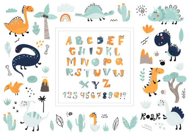 Vector illustration of Big collection of cute dinosaurs, alphabet and numbers.