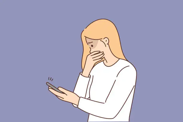 Vector illustration of Frightened woman with phone became victim of cyberbullying and received messages with hate speech