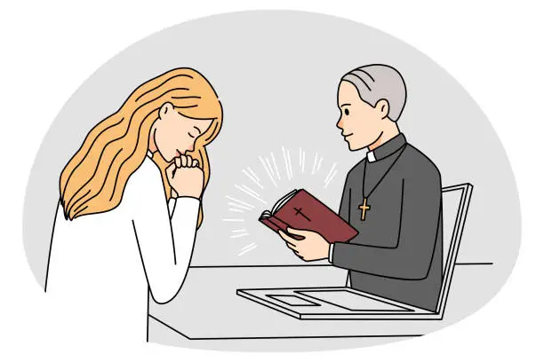 Vector illustration of Woman pray during online church service