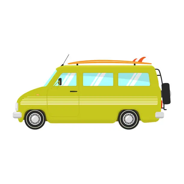 Vector illustration of Camper icon. Minibus, minivan. Color silhouette. Side view. Vector simple flat graphic illustration. Isolated object on a white background. Isolate.
