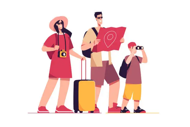 Vector illustration of Vector illustration of a happy traveling tourist family