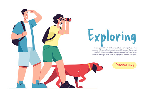 Couple of tourists travelers and their dog saw something interesting in the distance. Vector illustration.