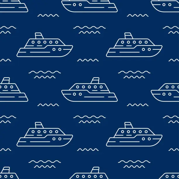 Vector illustration of White linear contour ships isolated on a dark blue background. Marine monochrome seamless pattern. Vector simple flat graphic illustration. Texture.