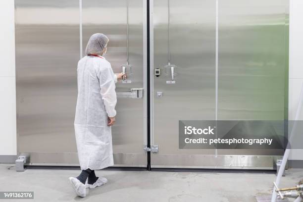 Female In White Clean Suit Opening A Large Aluminum Door Stock Photo - Download Image Now