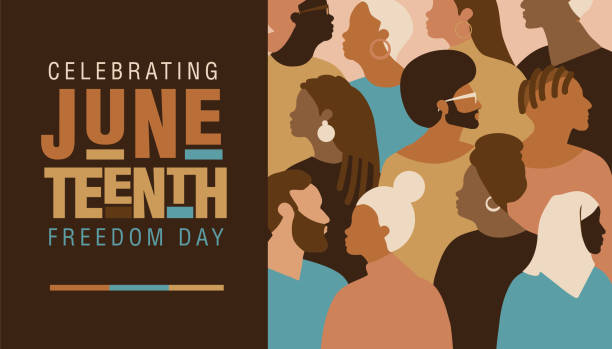 illustrazioni stock, clip art, cartoni animati e icone di tendenza di juneteenth freedom day celebration web banner design con folla di persone - slavery civil rights history african ethnicity