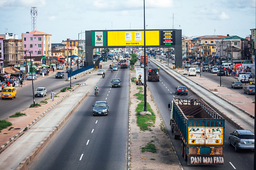 Multiple lane road traffic in African megacity. Lagos, Nigeria, West Africa