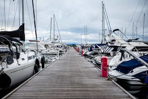 Berths for sailing and motor yachts at Adriatic sea. Marina Montenegro.