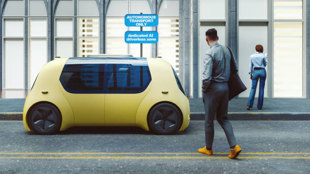 Futuristic street with Autonomous driverless zones only Futuristic street with Autonomous driverless zones only. 3D generated image. Vehicle design is generic, custom modeled and not based on any real brand/model. concept car stock pictures, royalty-free photos & images