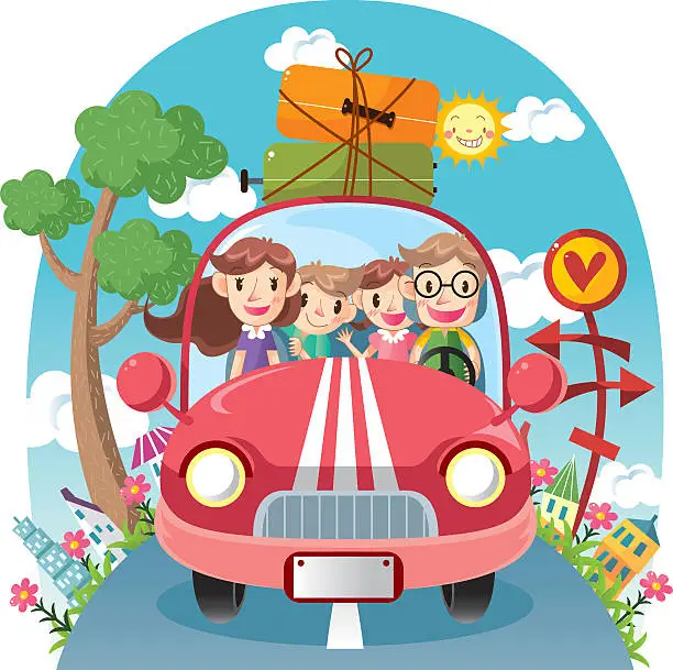 Vector illustration of Illustration of happy family traveling in car on road trip