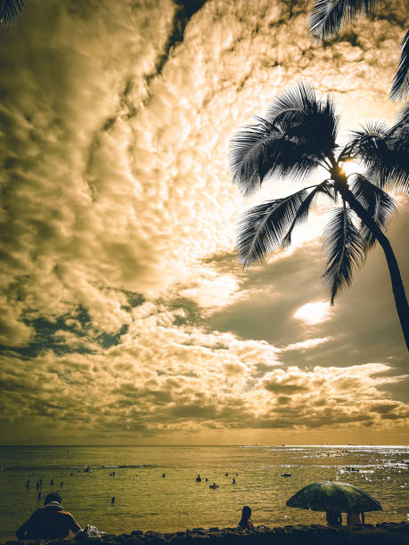 Landscape sunset and silhouette with yellow clouds by skyline and ocean at Haleiwa beach in north shore of Oahu island Hawaii