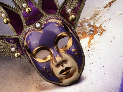 Carnival mask on purple background with blur effect. Festive backdrop for projects.Close up, copy space.