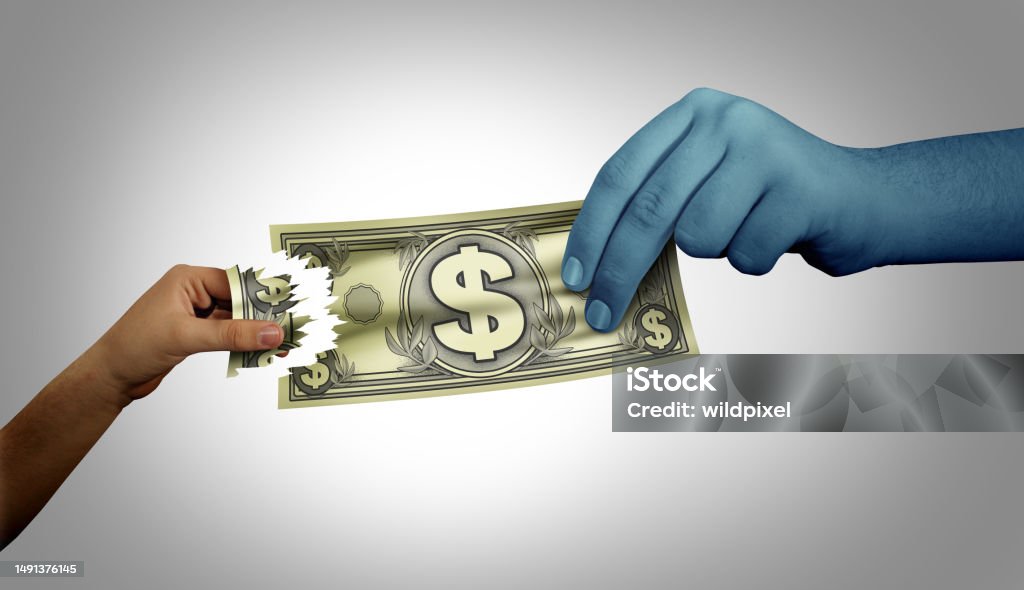 economic Greed Economic greed and Greedflation as excessive profit by corporate greed and price gouging greed exploiting economic inflation as inequality distorting markets to exploit consumers in a 3D illustration style. Imbalance Stock Photo