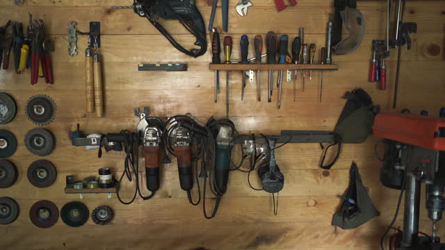 Work tools on wall in workshop